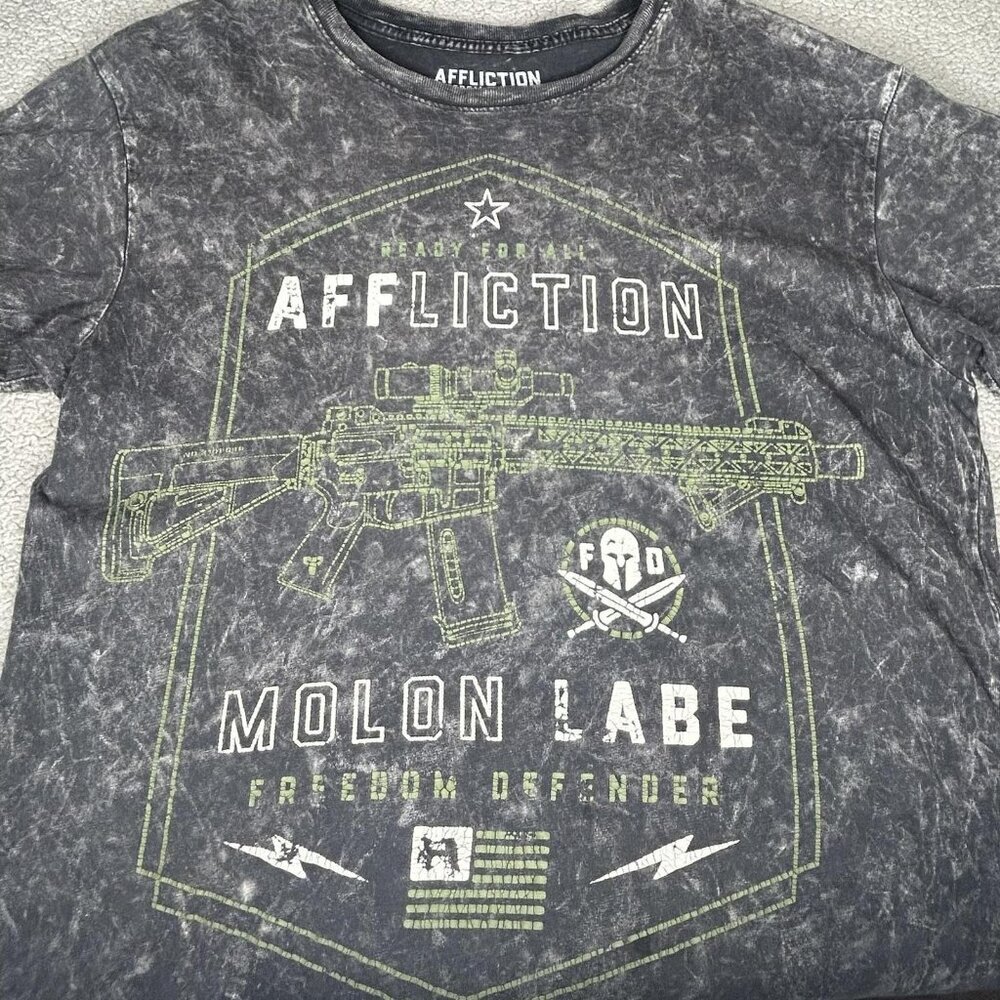 Affliction Shirt Mens Medium Gray Molon Labe Rifle Freedom Defender Graphic